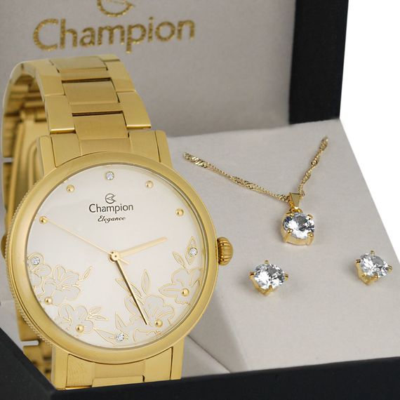 Kit Relógio Feminino Champion Dourado - CN29865W - A Suissa