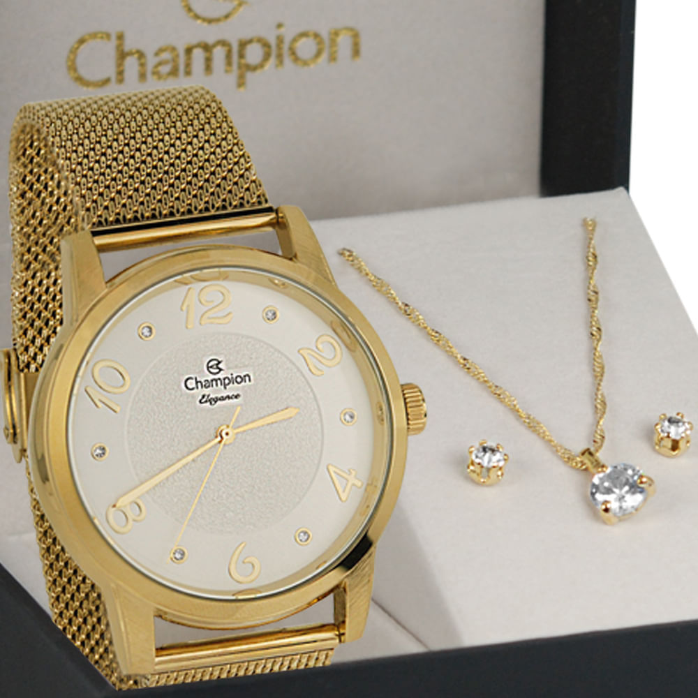 Kit Relógio Feminino Champion Dourado - CN29865W - A Suissa